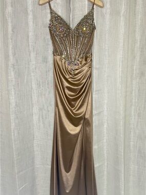 Ladivine Embellished Corset Satin Prom Dress Nude Mermaid Gown